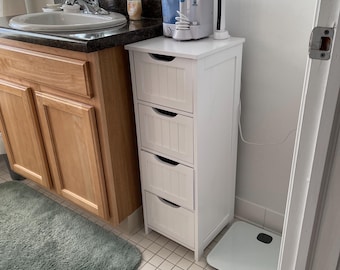 Bathroom Floor Cabinet, Wooden Storage Cabinet with 4 Drawers, Freestanding Bathroom Organizer, Slim Side Cabinet for Small Spaces