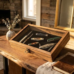 May include: A rectangular wooden display case with a glass lid and a brass latch, containing six assorted pocket knives arranged on a black velvet interior. The case features a natural wood grain finish and is designed for organizing and viewing items.