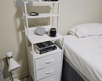 Tall Nightstand with Charging Station, LED Bedside Table, 2 Drawers, 4 Shelves, Rustic End Table