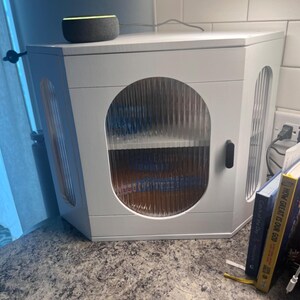 May include: A white, angled cabinet with a clear, textured glass door and side panels. The cabinet has a black handle and contains shelves. An Amazon Echo speaker sits on top. Books are visible to the right.