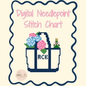 May include: A digital needlepoint stitch chart featuring a white tote bag with dark blue handles and the letters ACK in the center. The bag contains blue and pink hydrangea flowers and a green bottle. The text Digital Needlepoint Stitch Chart is visible.