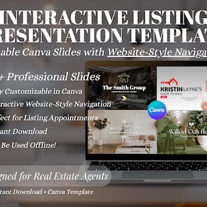 Plantilla interactiva para presentación de listados / Navegación estilo sitio web / Plantilla de Canva para agentes inmobiliarios / Presentación para vendedores de bienes raíces