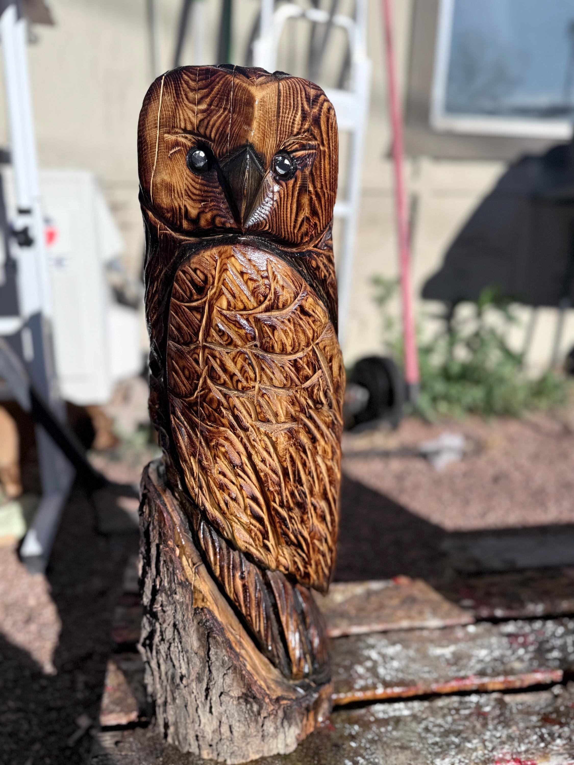 2ft Burned Owl Chainsaw Carving – Handmade Wood Owl Sculpture – Rustic Cabin Wildlife De