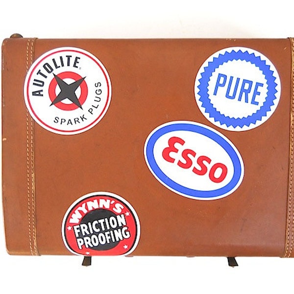 Small Leather Suitcase with Motor Oil Stickers, Christmas Gift For BoyFriend, Home Decor For Writer, Mid Century Luggage,