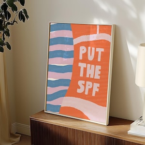 Woman Sunscreen Reminder Fun Beach Wall Art, Summer Print, Coastal Wall Decor, Funny Bathroom Sign, Blue and Pink Stripe (Digital Download)