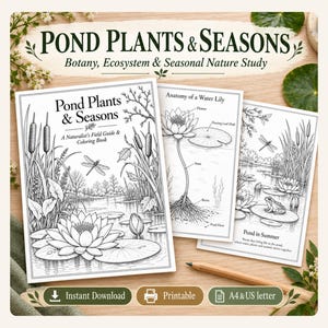 May include: A Pond Plants & Seasons naturalist field guide and coloring book set featuring black and white line art illustrations of water lilies, cattails, and pond life. The pages include educational diagrams and nature scenes with text.