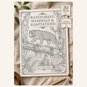 May include: A coloring book titled Rainforest: Mammals & Adaptations featuring a black and white line art illustration of a jaguar on a tree branch surrounded by tropical foliage. The cover includes the text 20 Pages and Instant Download.
