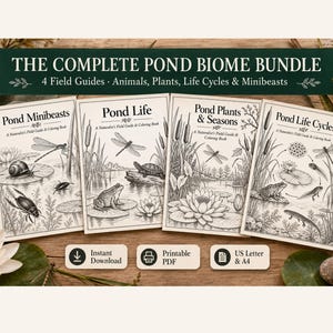 May include: A bundle of four field guides titled The Complete Pond Biome Bundle, featuring black and white illustrations of pond life, plants, and life cycles. Each guide has a cover with detailed drawings of animals and plants in a pond setting.