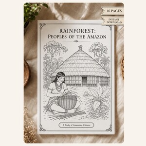May include: A white rectangular coloring book cover titled RAINFOREST: PEOPLES OF THE AMAZON with a black and white line drawing of a person weaving a basket in front of a large thatched hut, surrounded by trees and plants, with 16 PAGES text.