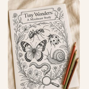 May include: A white colouring book titled Tiny Wonders: A Minibeast Study featuring black and white line art illustrations of an ant, ladybird, butterfly, snail, worm, and magnifying glass surrounded by floral vines, with three coloured pencils.