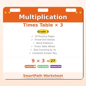 Pode incluir: Uma folha de exercícios de multiplicação com um design laranja e branco. O título "Multiplication" está no topo, com "Times Table x 3" abaixo. Inclui páginas de exercícios, folhas cronometradas, problemas de palavras e uma roda de tabuada. Para a 3ª série.