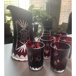 Vintage Bohemian Ruby Red Cut to Clear Crystal Pitcher & 6 Glasses Set Czech 7pc