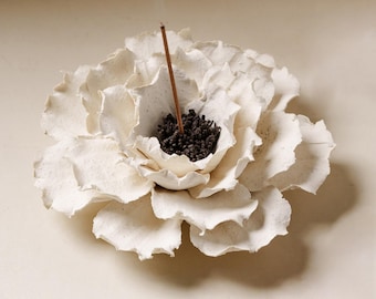 Hand-Sculpted White Peony Incense Burner - Elegant Handmade Ceramic Flower Holder - Fits All Incense Sizes - Unique Gift and Décor