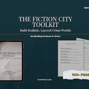 Può includere: Un download digitale intitolato The Fiction City Toolkit, un manuale di worldbuilding per scrittori. L'immagine mostra un tablet con la copertina, due pagine di indice e un'etichetta che indica 100+ pagine su sfondo verde scuro.