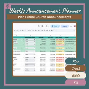 Op de afbeelding: Een digitale wekelijkse aankondigingsplanner met een spreadsheet-interface. De planner is ontworpen om toekomstige kerkelijke aankondigingen te plannen. De afbeelding bevat een tabel met kolommen voor verantwoordelijke persoon, startdatum, einddatum, werkstatus en notities.
