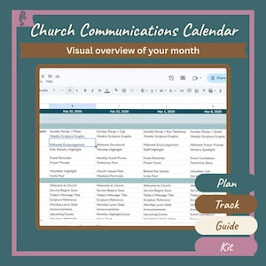 Op de afbeelding: Een digitale Kerkcommunicatiekalender met een teal en bruin kleurenschema. De kalender toont een visueel overzicht van de maand, met secties voor planning, tracking en begeleiding. Tekst bevat data, evenementherinneringen en schriftverwijzingen.