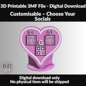 Puede incluir: Una pantalla rosa en forma de corazón para redes sociales con códigos QR para Instagram, WhatsApp y otras plataformas. El diseño incluye el texto "Choose Your Socials" y "Digital download only".