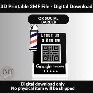 Puede incluir: Descarga digital con un gráfico de poste de barbero, el texto "QR SOCIAL BARBER" y "Leave Us a Review". Incluye un código QR y "Google Reviews" con una calificación de cinco estrellas. También está presente el texto "Digital download only".