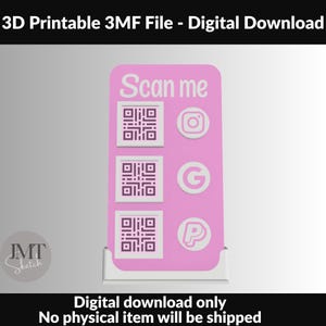 May include: A pink rectangular display stand featuring the white text Scan me at the top. It includes three square QR codes arranged vertically on the left side and three circular social media and payment icons on the right side, all held in a white base.