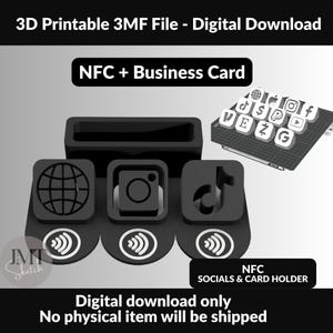 Puede incluir: Un archivo 3MF negro imprimible en 3D para un soporte de tarjetas de visita y NFC. El diseño incluye una ranura rectangular y tres iconos cuadrados que representan un globo, Instagram y TikTok, cada uno con un símbolo NFC debajo. Texto: NFC + Business Card.