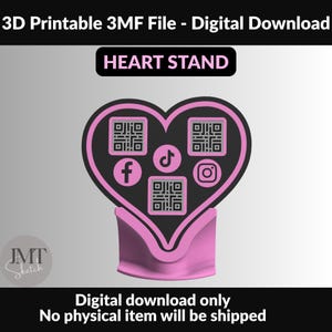 Könnte beinhalten: Ein 3D-druckbarer herzförmiger Ständer mit dem Text HEART STAND, drei QR-Codes sowie Symbolen für Facebook, TikTok und Instagram. Das Design ist schwarz mit rosa Umrandungen und enthält den Text 3D Printable 3MF File - Digital Download.