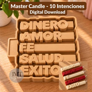 May include: A tan silicone mold featuring five horizontal rows of raised letters spelling DINERO, AMOR, FE, SALUD, and EXITO. A smaller inset image shows five finished rectangular candles in white and red with the same words embossed.