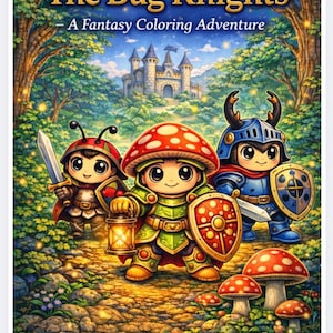 Puede incluir: Portada de un libro para colorear de fantasía titulado "The Bug Knights" con tres caballeros insectos con armadura, sosteniendo espadas, escudos y una linterna. Un castillo está en el fondo, con un entorno forestal.