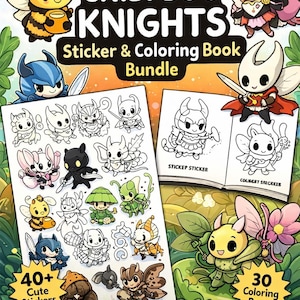 Puede incluir: Un paquete imprimible con pegatinas "Chibi Bug Knights" y un libro para colorear. La imagen muestra lindos personajes de dibujos animados de insectos con armadura de caballero, con texto que indica más de 40 pegatinas y 30 páginas para colorear. El diseño es vibrante y juguetón.