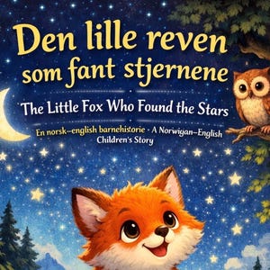 Pode incluir: Capa de livro infantil com uma raposa de desenho animado olhando para o céu estrelado. O título diz "Den lille reven som fant stjernene" e "The Little Fox Who Found the Stars". Uma coruja está empoleirada em um galho.