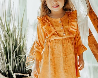 Organic Cotton Gauze Dress for Girls – Long Sleeve Toddler Dress – Rustic Boho Baby Outfit – Fall Photoshoot