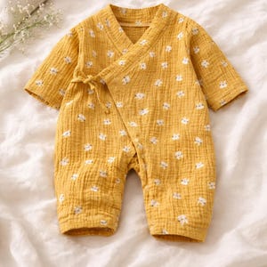 Organic Cotton Muslin Baby Kimono Romper, Long Sleeve Unisex Infant Bodysuit
