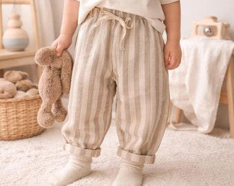 Linen Cotton Stripe Baby Pants, Vintage Toddler Trousers, Unisex Casual Clothing