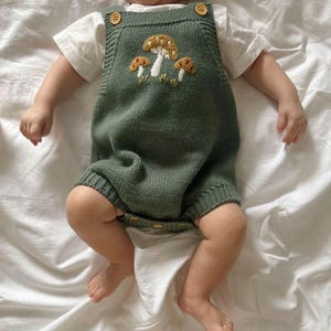 Hand Knit Baby Romper | Mushroom Embroidered Bodysuit | Soft Knitted Infant Clothing 0–18M