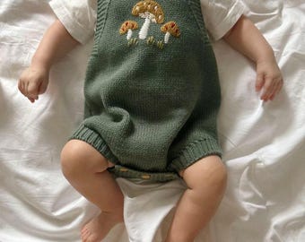 Hand Knit Baby Romper | Mushroom Embroidered Bodysuit | Soft Knitted Infant Clothing 0–18M