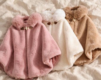 Toddler Faux Fur Hooded Cape Jacket | Soft Princess Shawl, Winter Formal Wear