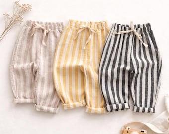 Pantalones de bebé de lino y algodón a rayas, pantalones vintage para niños pequeños, ropa casual unisex.