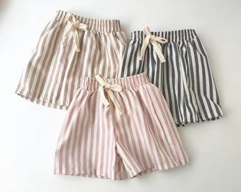 Toddler Striped Linen Cotton Shorts | Unisex Summer Kids Beach Playwear
