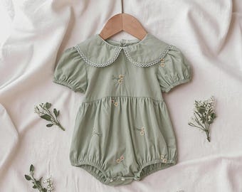 Embroidered Floral Baby Romper – Cotton Puff Sleeve, Scalloped Collar