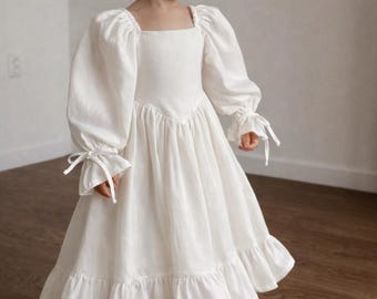 Girls White Puff Sleeve Cotton Linen Dress | Princess Birthday Flower Girl Outfit