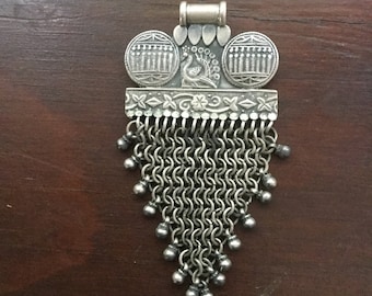 India Tribal Stamped Sterling Silver Peacock Chainmail Pendant