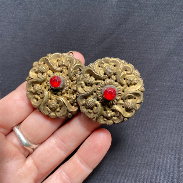 Antique/vintage Ornate Newari Gold Gilt Earplugs from Nepal.