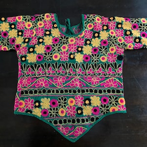 Indian Colourful Embroidered Sari Top from Rajasthan Size 12 pink yellow green black