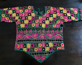 Indian Colourful Embroidered Sari Top from Rajasthan Size 12 pink yellow green black