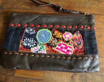 Tribal Textile And Leather Clutch Purse