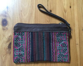 Vintage Asian Tribal Textile and Leather Zipper Clutch Pouch Purse