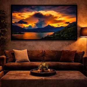 Lake Amatitlán Sunset Wall Art Guatemala Volcano Landscape Photography Golden Mountain Lake Print Dramatic Sunset Nature Decor Travel Photo