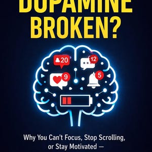 May include: Book cover with the title "IS MY DOPAMINE BROKEN?" in yellow letters. Below the title is a glowing blue brain graphic with social media icons. The author's name, Dan Brudvig, is at the bottom.