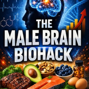 Puede incluir: Imagen promocional de un producto de salud. La imagen presenta el texto "NEURO-NUTRITION FOR MEN" y "THE MALE BRAIN BIOHACK". También incluye imágenes de alimentos como bistec, aguacate, salmón, arándanos y huevos. También está presente el texto "EAT TO BOOST TESTOSTERONE, SHARPEN FOCUS & UN LOCK PEAK MENTAL PERFORMANCE".