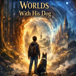May include: Book cover illustration featuring a boy and a dog standing before a glowing portal. The title reads "The Boy Who Walked Between Worlds With His Dog." The background shows a fantasy landscape with a castle and a starry sky. Author's name is Dan Brudvig.