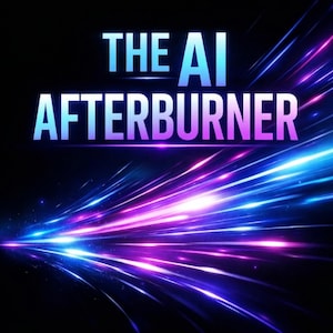 Puede incluir: Portada de libro con el título "THE AI AFTERBURNER" en letras grandes azules y blancas. La portada presenta un diseño dinámico de rayas de luz azules, moradas y blancas sobre un fondo negro. El nombre del autor, Dan Brudvig, está en la parte inferior.